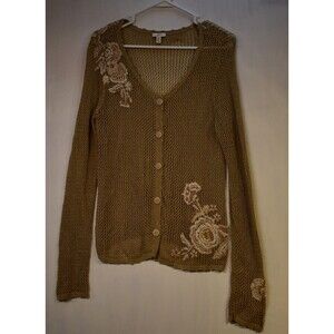 J. Jill Crochet Needlepoint Beige Linen Button Up Cardigan Womens Medium petite